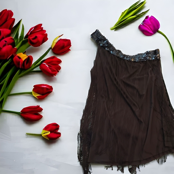 PATTYBOUTIK Womens Sequin, One Shoulder Fringe Top, Black, X-Large - Picture 2 of 5